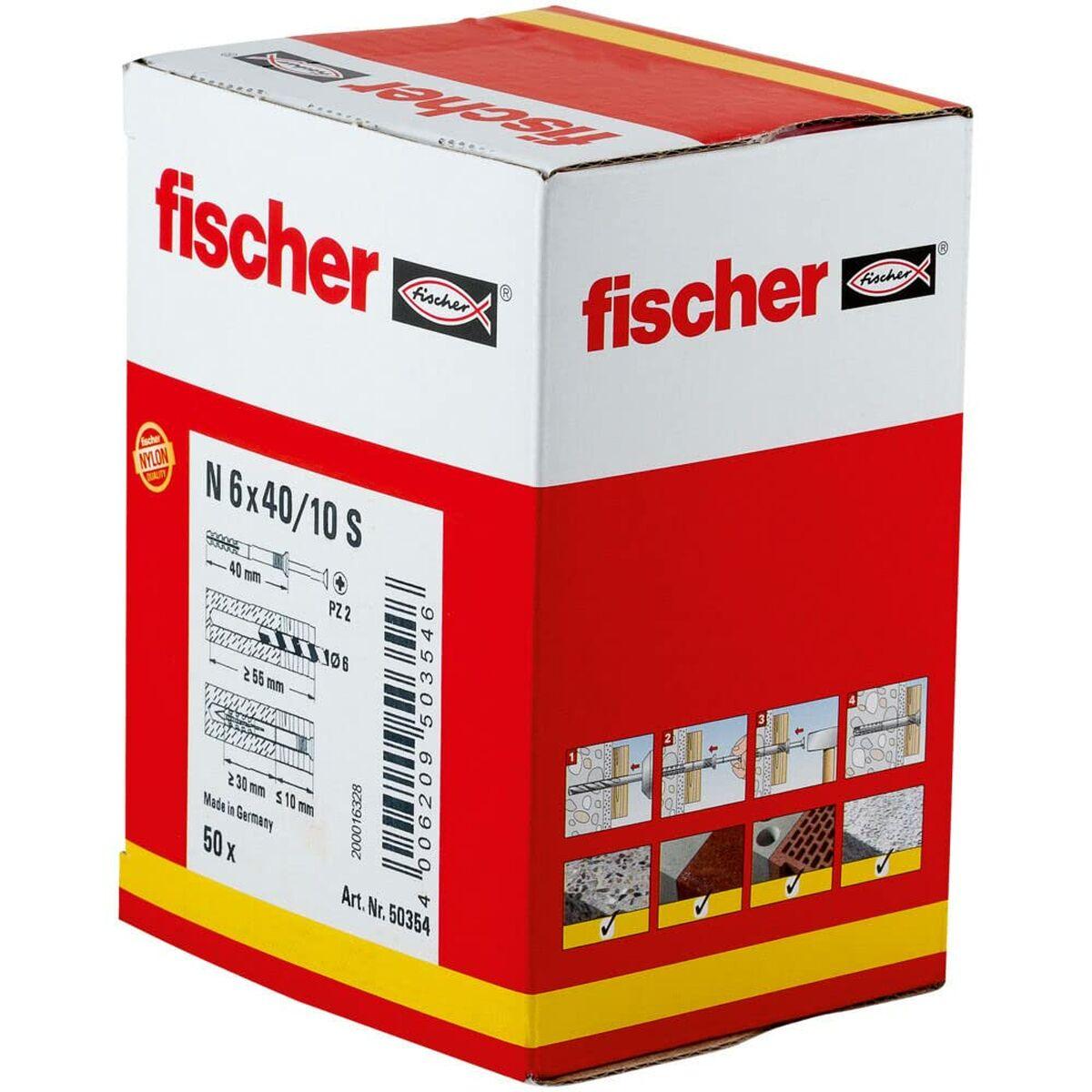 Tacos y tornillos Fischer 50354 6 x 40 mm / 10 Avellanado (50 Unidades) - Ferreteria Alco