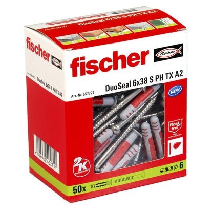 Tacos y tornillos Fischer DuoSeal 557727 S A2 Impermeables Ø 6 x 38 mm (50 Unidades) - Ferreteria Alco